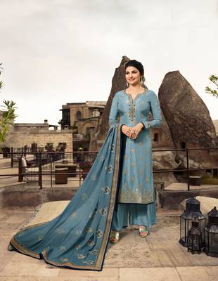 Blue Embroidered Jacquard Semi Stitched Salwar With Dupatta 1