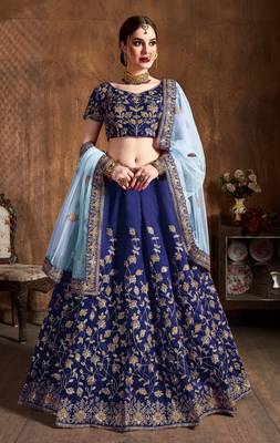 Navy Blue Embroidered Silk Semi Stitched Lehenga With Dupatta 1