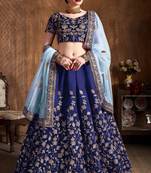 Navy Blue Embroidered Silk Semi Stitched Lehenga With Dupatta