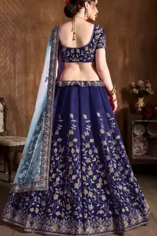 Navy Blue Embroidered Silk Semi Stitched Lehenga With Dupatta