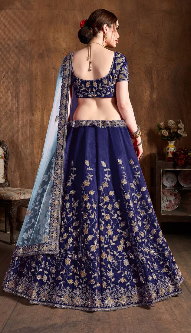 Navy Blue Embroidered Silk Semi Stitched Lehenga With Dupatta