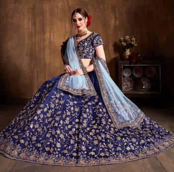 Navy Blue Embroidered Silk Semi Stitched Lehenga With Dupatta 3