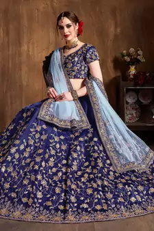 Navy Blue Embroidered Silk Semi Stitched Lehenga With Dupatta