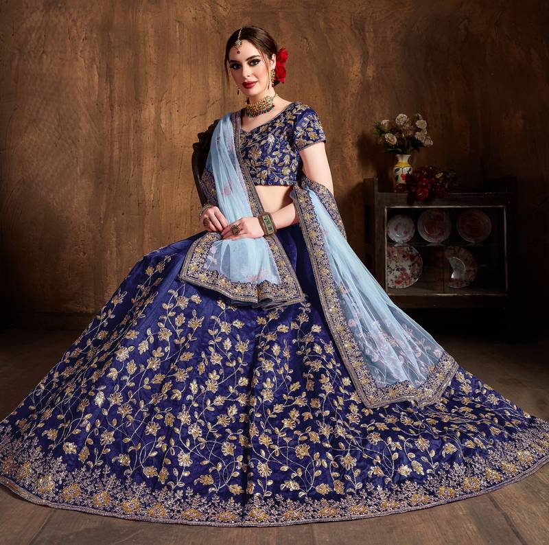Navy Blue Embroidered Silk Semi Stitched Lehenga With Dupatta
