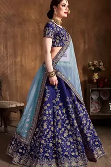 Navy Blue Embroidered Silk Semi Stitched Lehenga With Dupatta