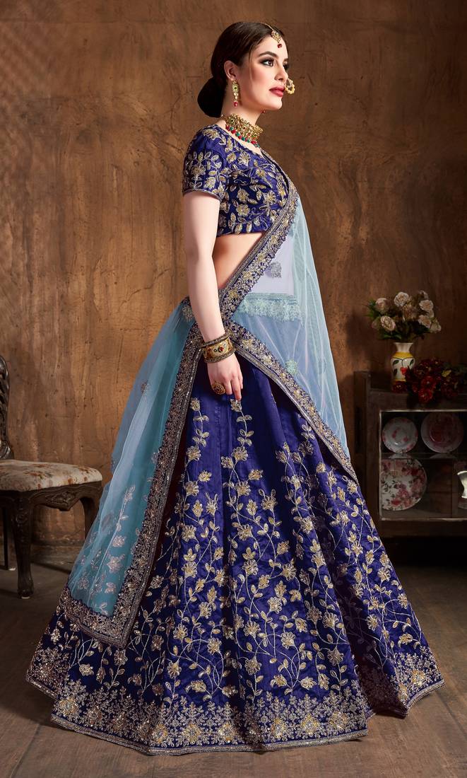 Navy Blue Embroidered Silk Semi Stitched Lehenga With Dupatta