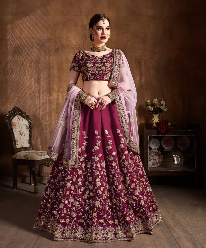 Pink Embroidered Silk Semi Stitched Lehenga With Dupatta