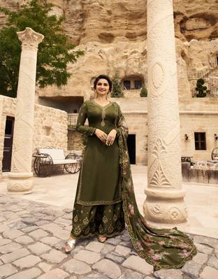 Green Embroidered Satin Semi Stitched Salwar With Dupatta 1