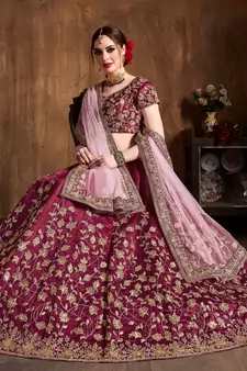Pink Embroidered Silk Semi Stitched Lehenga With Dupatta