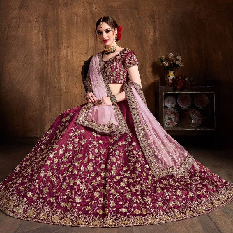Pink Embroidered Silk Semi Stitched Lehenga With Dupatta