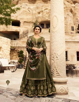 Green Embroidered Satin Semi Stitched Salwar With Dupatta 2
