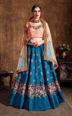 Teal Blueembroidered Silk Semi Stitched Lehenga With Dupatta 1