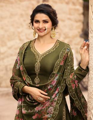 Green Embroidered Satin Semi Stitched Salwar With Dupatta 3