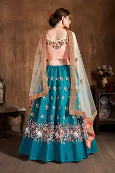 Teal Blueembroidered Silk Semi Stitched Lehenga With Dupatta