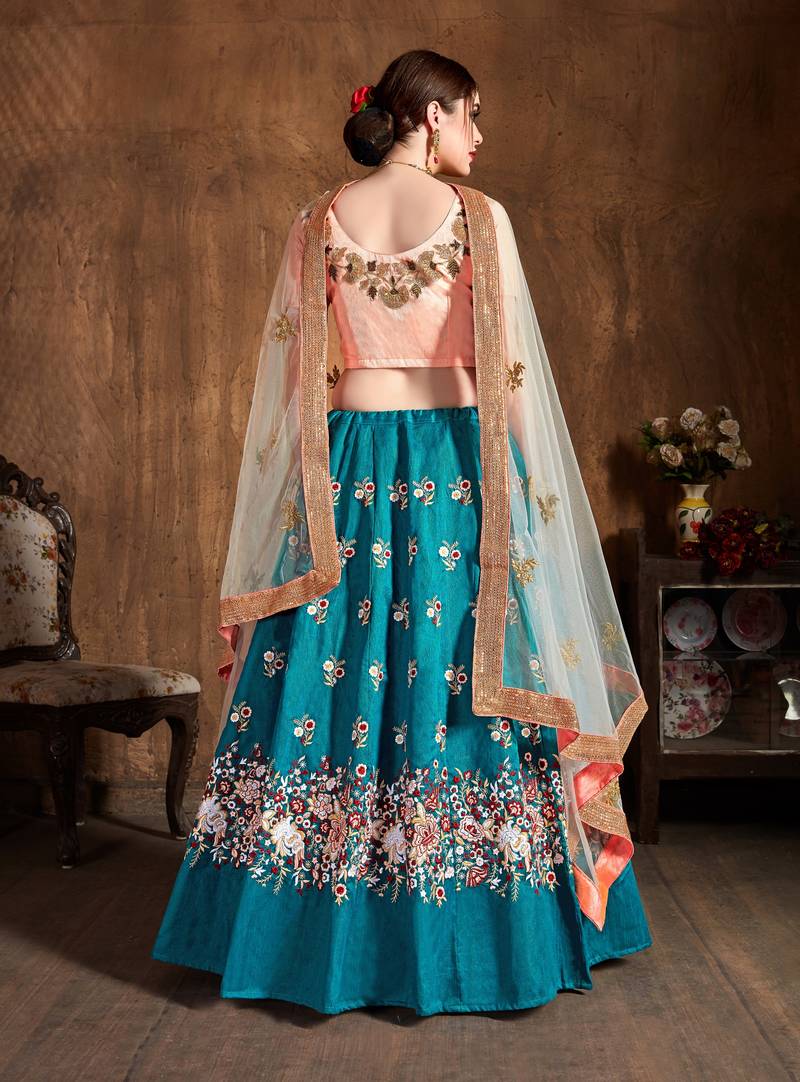 Teal Blueembroidered Silk Semi Stitched Lehenga With Dupatta