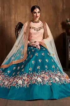 Teal Blueembroidered Silk Semi Stitched Lehenga With Dupatta