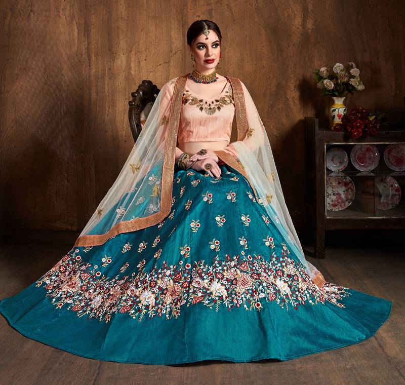 Teal Blueembroidered Silk Semi Stitched Lehenga With Dupatta