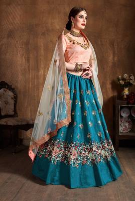 Teal Blueembroidered Silk Semi Stitched Lehenga With Dupatta 4