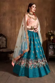 Teal Blueembroidered Silk Semi Stitched Lehenga With Dupatta