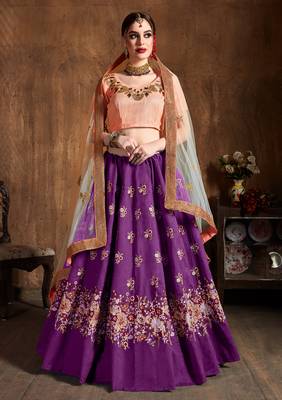 Purple Embroidered Silk Semi Stitched Lehenga With Dupatta 1