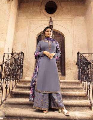 Grey Embroidered Satin Semi Stitched Salwar With Dupatta 1