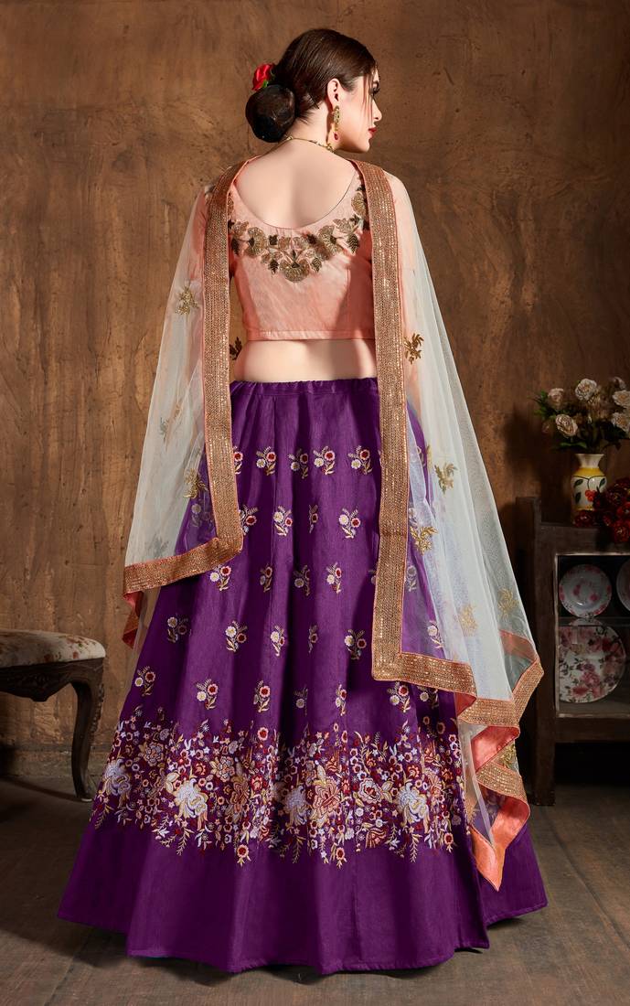 Purple Embroidered Silk Semi Stitched Lehenga With Dupatta