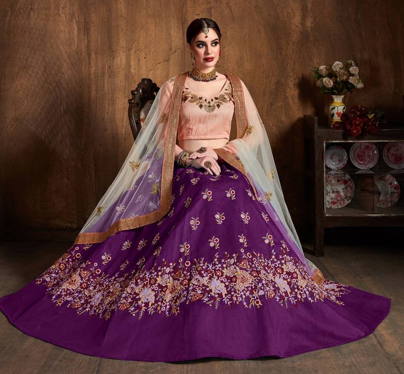 Purple Embroidered Silk Semi Stitched Lehenga With Dupatta