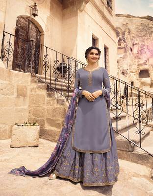 Grey Embroidered Satin Semi Stitched Salwar With Dupatta 2