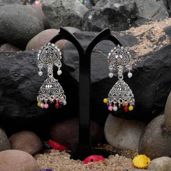 Alluring Multicolor Flower And Beads Jhumki Earrings 3