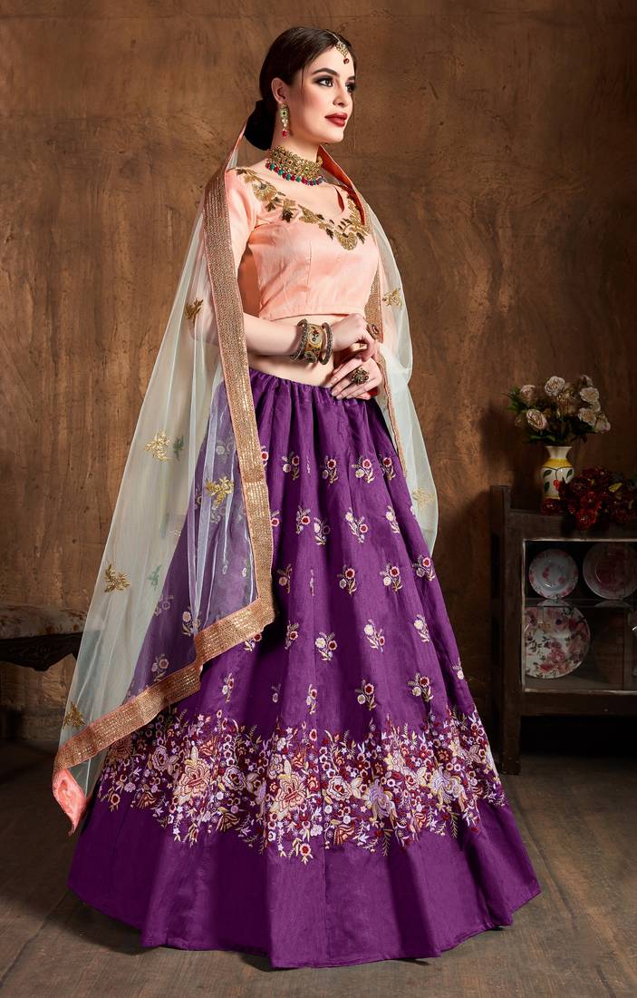 Purple Embroidered Silk Semi Stitched Lehenga With Dupatta