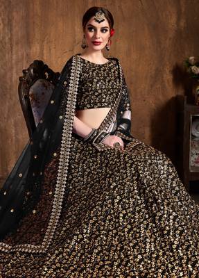 Black Embroidered Silk Semi Stitched Lehenga With Dupatta 1