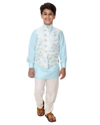 Turquoise printed cotton silk boys-kurta-pyjama 1