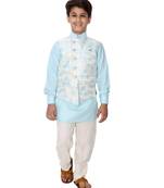 Turquoise printed cotton silk boys-kurta-pyjama