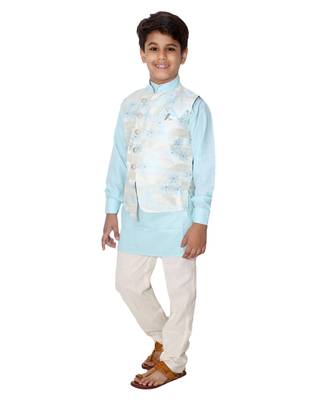 Turquoise printed cotton silk boys-kurta-pyjama 2