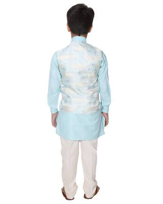 Turquoise printed cotton silk boys-kurta-pyjama 4