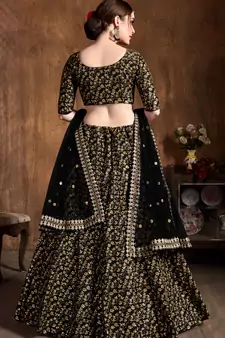 Black Embroidered Silk Semi Stitched Lehenga With Dupatta