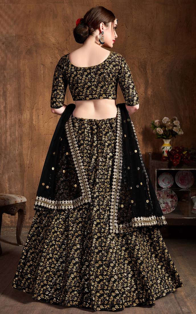 Black Embroidered Silk Semi Stitched Lehenga With Dupatta