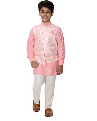 Pink printed cotton silk boys-kurta-pyjama 1