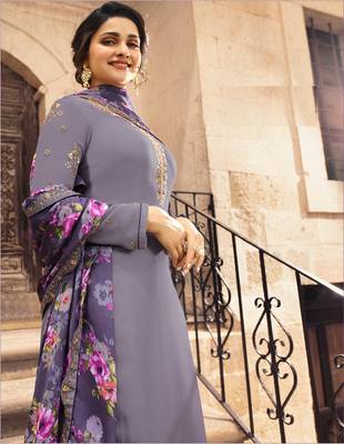 Grey Embroidered Satin Semi Stitched Salwar With Dupatta 4