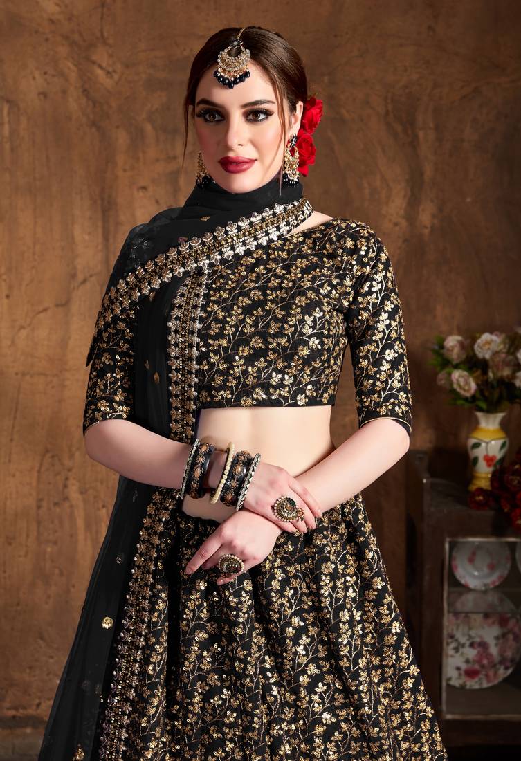 Black Embroidered Silk Semi Stitched Lehenga With Dupatta