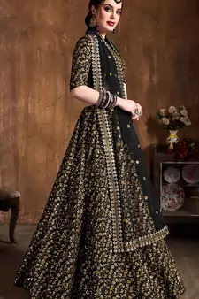 Black Embroidered Silk Semi Stitched Lehenga With Dupatta