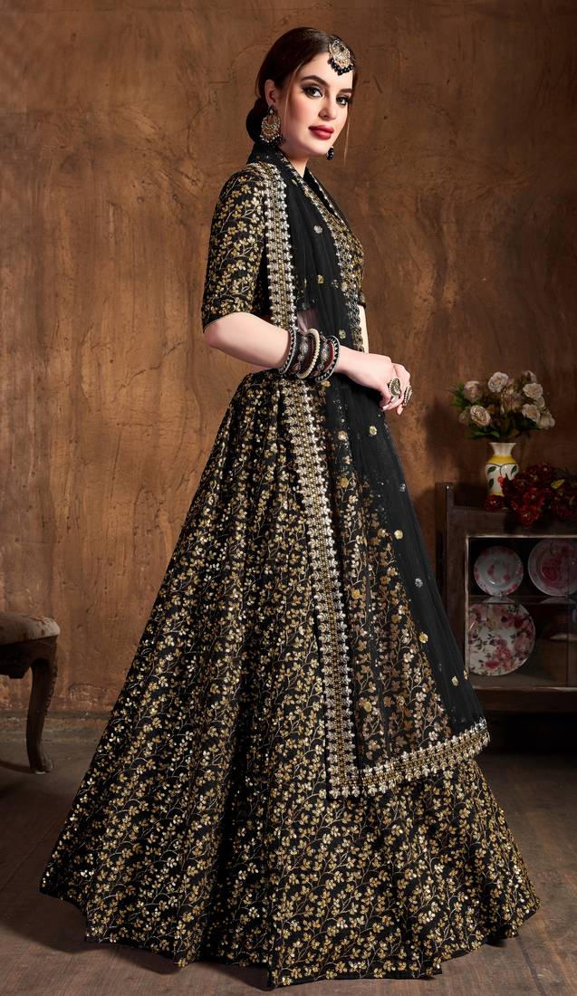 Black Embroidered Silk Semi Stitched Lehenga With Dupatta