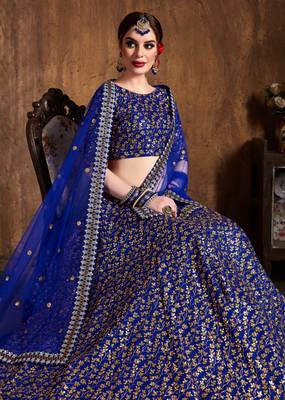 Royal Blue Embroidered Silk Semi Stitched Lehenga With Dupatta 2