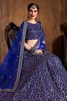 Royal Blue Embroidered Silk Semi Stitched Lehenga With Dupatta