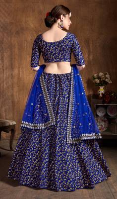 Royal Blue Embroidered Silk Semi Stitched Lehenga With Dupatta 3