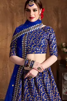 Royal Blue Embroidered Silk Semi Stitched Lehenga With Dupatta