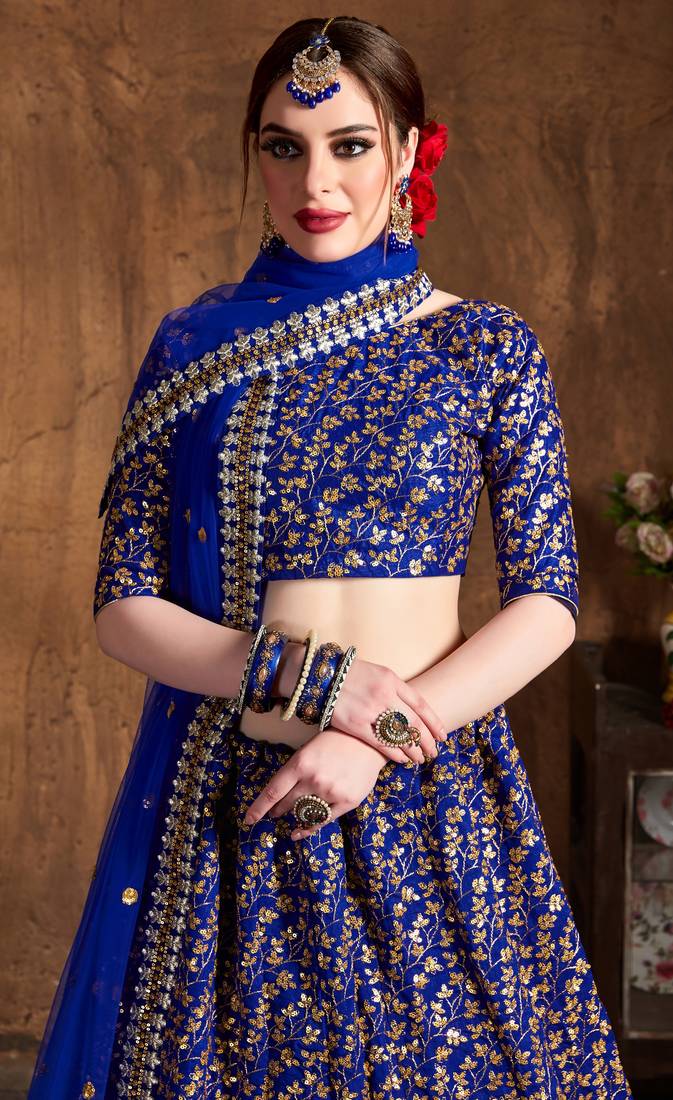 Royal Blue Embroidered Silk Semi Stitched Lehenga With Dupatta
