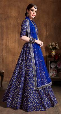 Royal Blue Embroidered Silk Semi Stitched Lehenga With Dupatta 1