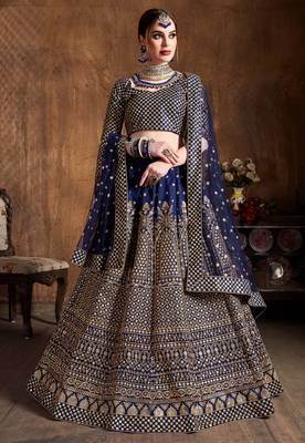 Navy Blue Embroidered Silk Semi Stitched Lehenga With Dupatta 1