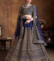 Navy Blue Embroidered Silk Semi Stitched Lehenga With Dupatta